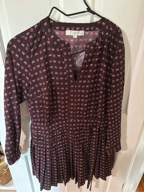 LOFT Burgundy Printed Long Sleeve Pleated Dress